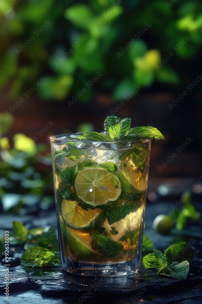 A glass of limeade with a few slices of lime on top A glass of limeade with a few slices of lime on top