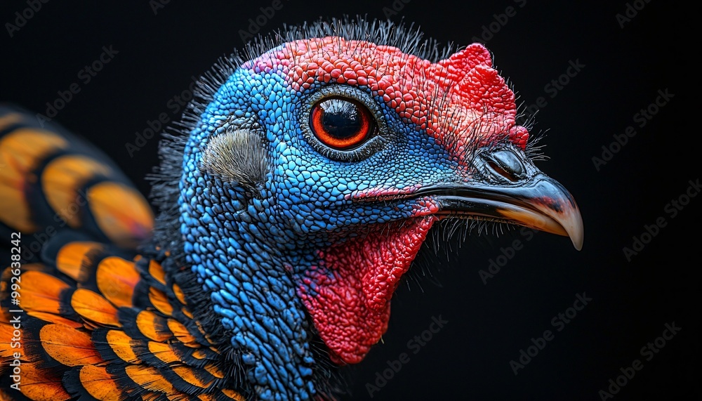 A striking close-up portrait of a vibrant wild turkey, perfect for Thanksgiving promotions, fall events, or festive decor and marketing materials for Halloween. A striking close-up portrait of a vibrant wild turkey, perfect for Thanksgiving promotions, fall events, or festive decor and marketing materials for Halloween.
