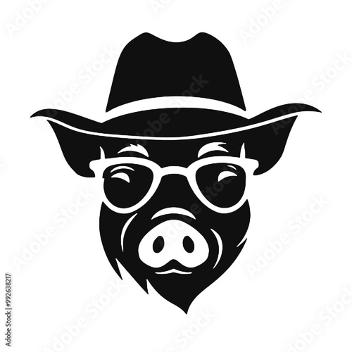  cartoon pig wearing glasses looks at the camera- logo silhouette vector illustration