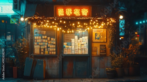 A small shop with a glowing neon sign and fairy lights in a bustling city street at night.