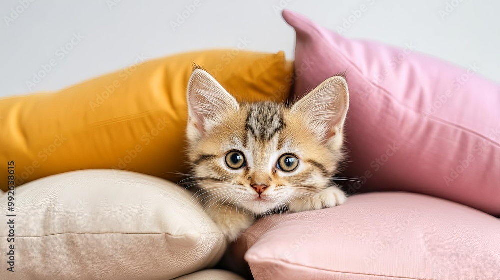 Kitten exploring a pile of pillows, soft adventure, warm, inviting Kitten exploring a pile of pillows, soft adventure, warm, inviting