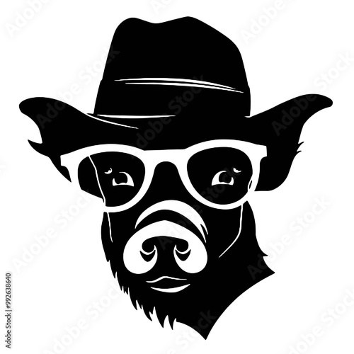  cartoon pig wearing glasses looks at the camera- logo silhouette vector illustration