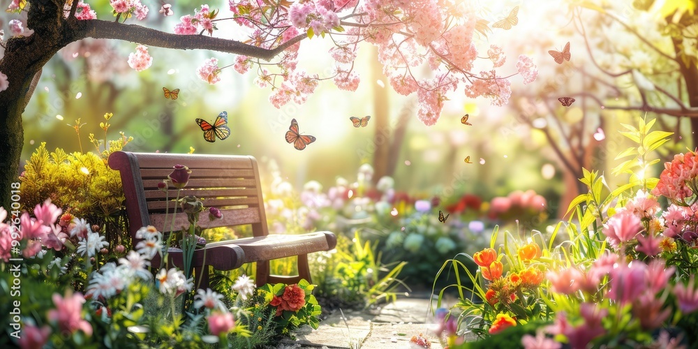 Obraz premium A vibrant spring garden with a variety of blooming flowers, butterflies fluttering, and a wooden bench under a blossoming tree, bathed in warm sunlight.