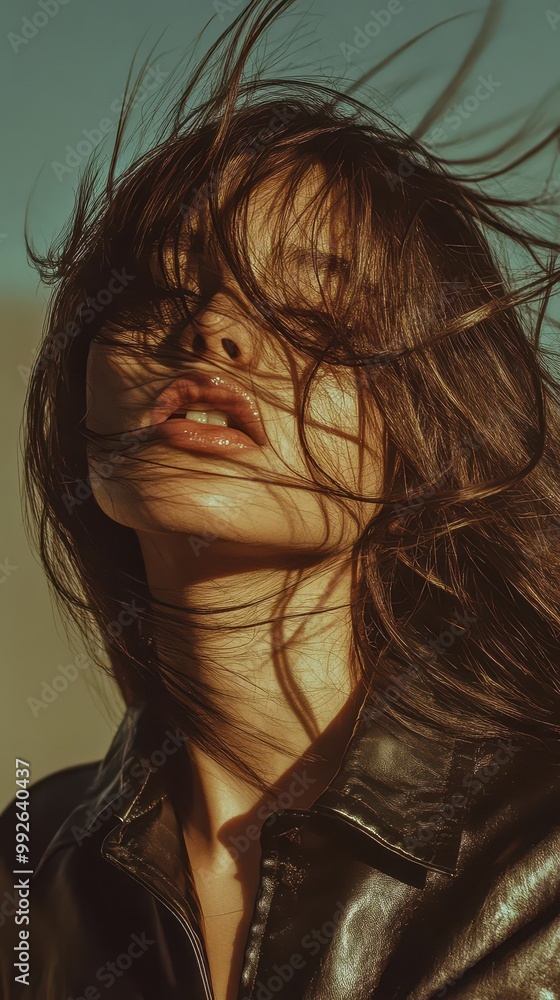 Young Woman with hair fluttering in the wind covering her face with blue sky in summer,good day,freedom, nature concept,Young woman with fluttering hair,Copy space. Young Woman with hair fluttering in the wind covering her face with blue sky in summer,good day,freedom, nature concept,Young woman with fluttering hair,Copy space.