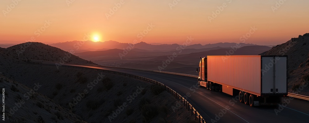 A truck travels along a winding road at sunset, showcasing the beauty of transportation against a stunning landscape. A truck travels along a winding road at sunset, showcasing the beauty of transportation against a stunning landscape.