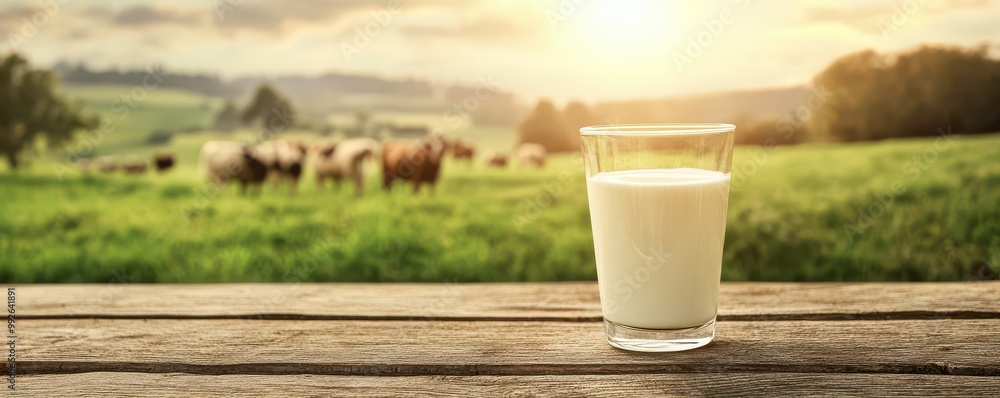 Fresh milk from pitcher into the glass with grass field and cows with a natural background,fresh milk ad template banner,Cows live on natural pastures, packaging with milk packs concept. Fresh milk from pitcher into the glass with grass field and cows with a natural background,fresh milk ad template banner,Cows live on natural pastures, packaging with milk packs concept.