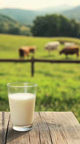 Fresh milk from pitcher into the glass with grass field and cows with a natural background,fresh milk ad template banner,Cows live on natural pastures, packaging with milk packs concept.