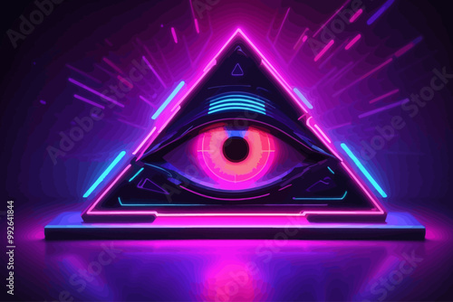 A glowing neon logo of an abstract all-seeing eye, with sharp, angular rays surrounding it in a symmetrical pattern