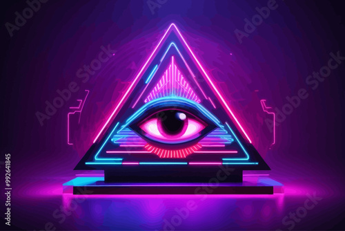 A glowing neon logo of an abstract all-seeing eye, with sharp, angular rays surrounding it in a symmetrical pattern