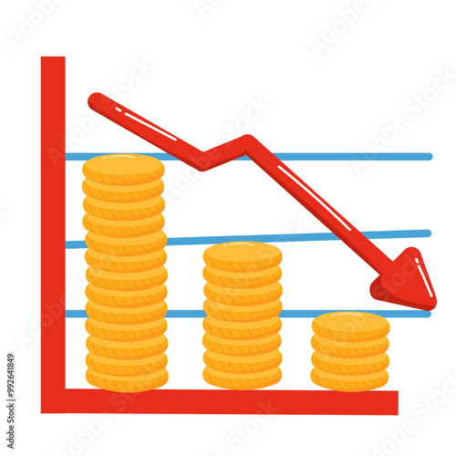 illustration of financial downturn diagram with gold coin and arrow elements