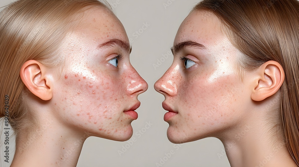 Facial transformation from cystic acne to clear, even-toned skin after treatment, side-by-side view, Realistic, Crisp Focus, Natural Skin Tones Facial transformation from cystic acne to clear, even-toned skin after treatment, side-by-side view, Realistic, Crisp Focus, Natural Skin Tones