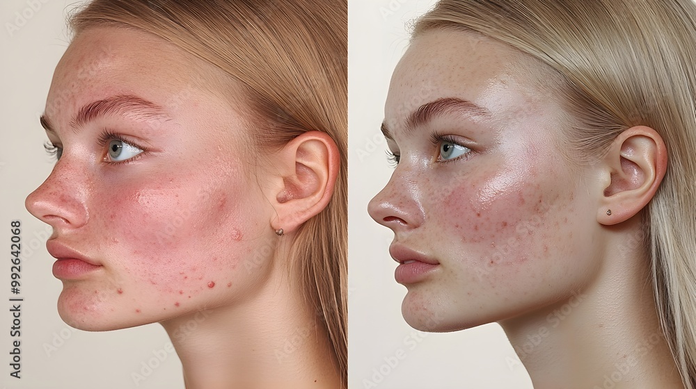 Close-up transformation of a young adult using a natural acne-clearing routine Before image shows red, inflamed skin; after image displays smooth, even tone Close-up transformation of a young adult using a natural acne-clearing routine Before image shows red, inflamed skin; after image displays smooth, even tone