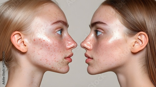 Facial transformation from cystic acne to clear, even-toned skin after treatment, side-by-side view, Realistic, Crisp Focus, Natural Skin Tones