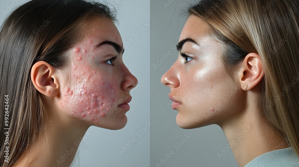 Detailed face before acne treatment, showing severe breakouts, followed by after-treatment, smooth, glowing skin without inflammation Detailed face before acne treatment, showing severe breakouts, followed by after-treatment, smooth, glowing skin without inflammation