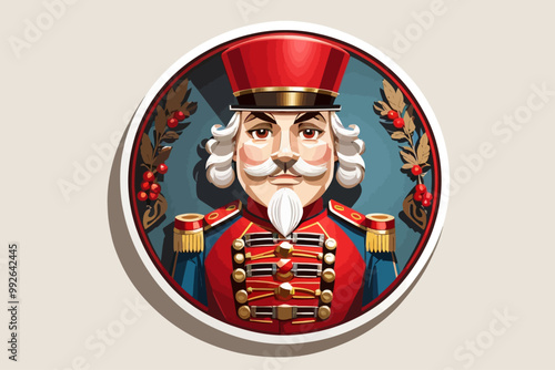 illustration of an old nutcracker in a red uniform, a circular sticker design