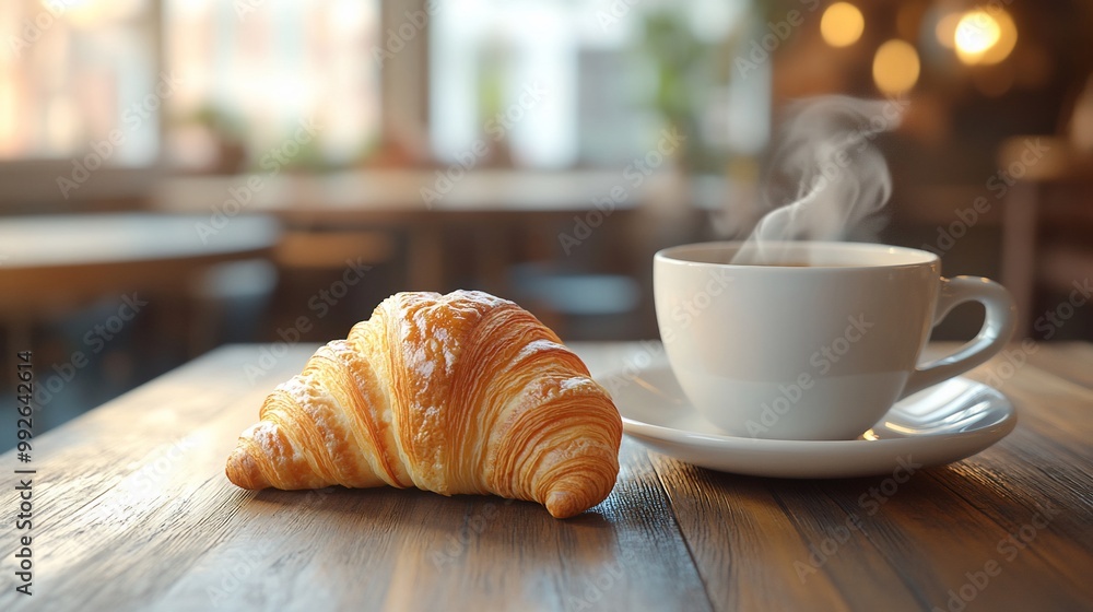 A steaming cup of coffee and a fresh croissant on a wooden table in a cafe. A steaming cup of coffee and a fresh croissant on a wooden table in a cafe.