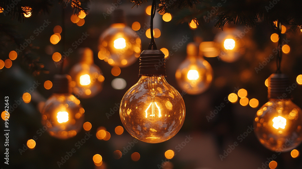 Warm glowing light bulbs hanging in an outdoor garden during the evening hours Warm glowing light bulbs hanging in an outdoor garden during the evening hours