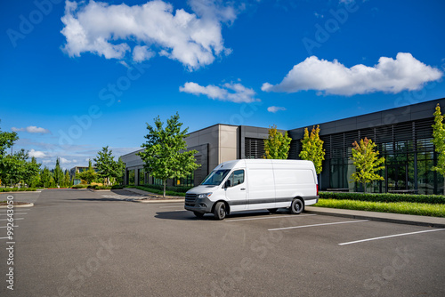 Small business white cargo mini van standing on the parking lot making delivery to commercial company place