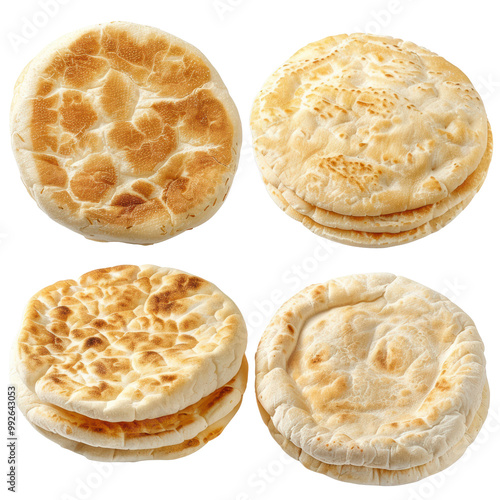 Collection of Bread Bun Slices English Muffin Crumpet Isolated on Transparent or White Background, PNG