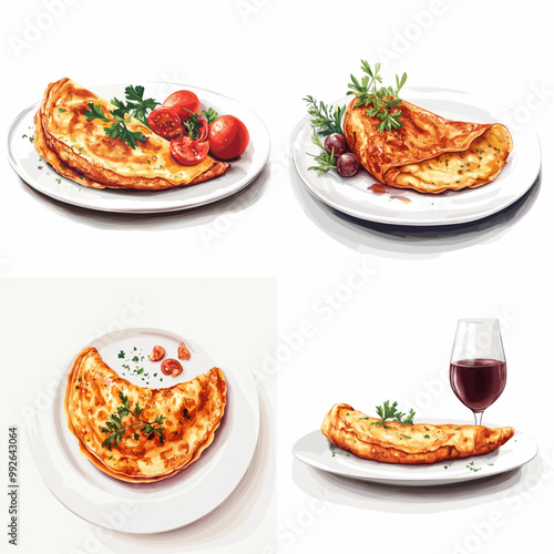 A set of four images of food on a white plate, including a quiche, a tomato, and a glass of wine