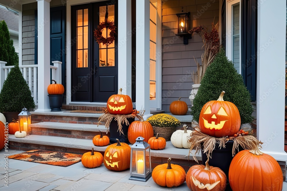 Obraz premium Charming Outdoor Home Decor Featuring Whimsical Pumpkins and Glowing Lanterns on a Festive Porch