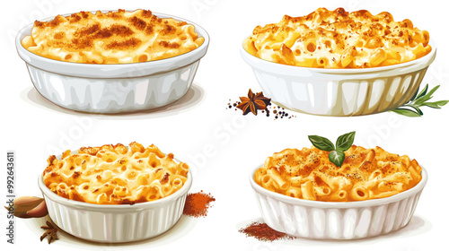 Four different types of macaroni and cheese dishes are shown, each with a different topping. The dishes are arranged in a row, with the first dish on the left and the last dish on the right