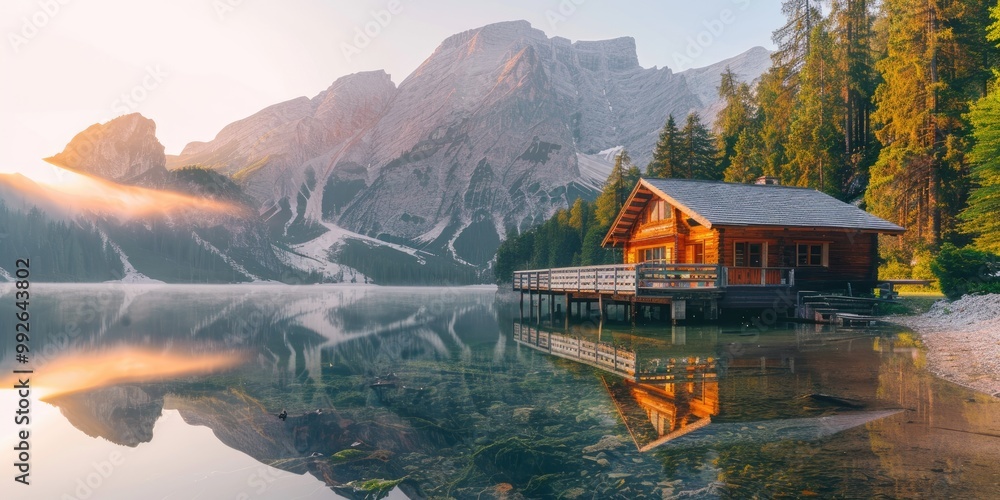 Naklejka premium A wooden house near a clear lake with a backdrop of mountains, bathed in the soft pink and orange tones of a spring sunrise after a rainy night.