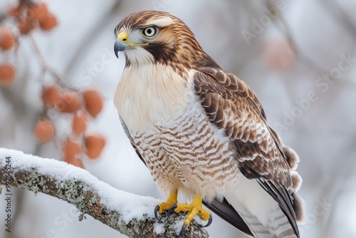 Red tailed hawk perched on a snow covered branch during snowfall