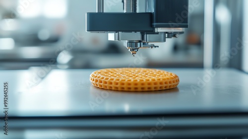 A close-up of a 3D printer creating a detailed waffle design in a modern kitchen environment. photo