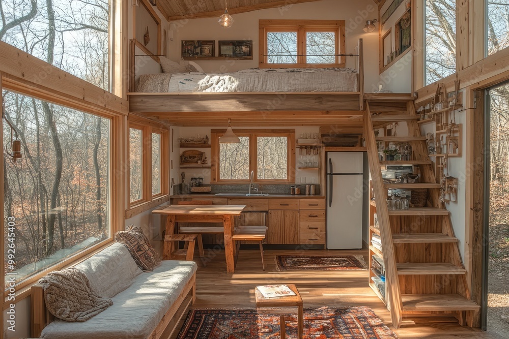 Modern tiny home with lofted bed and cozy living area Modern tiny home with lofted bed and cozy living area