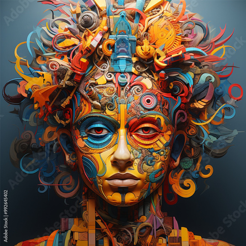 Vibrant Digital Art Futuristic Face Design in Abstract Colors and Intricate Patterns