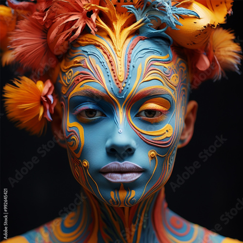 Vibrant Digital Art Futuristic Face Design in Abstract Colors and Intricate Patterns