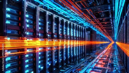 Server room with glowing blue and orange lights.