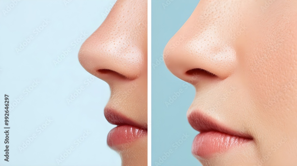 Obraz premium Close-up of nose showing blackhead removal before-and-after, pores transitioning from clogged to clean and refined, Photorealistic, High Detail