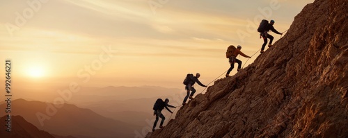 A group of climbers ascending a rocky mountain at sunset, showcasing teamwork and adventure in stunning outdoor scenery.