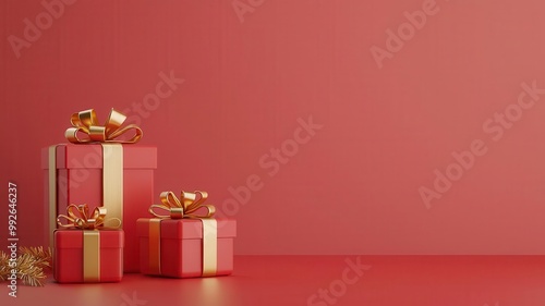 Red and gold Christmas gift boxes with golden ribbons, 3D illustration