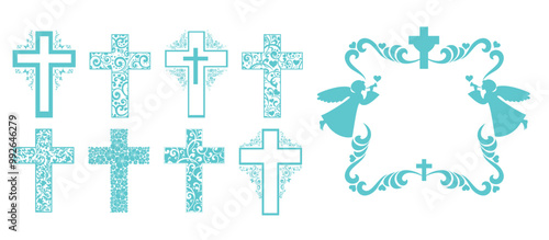 Cross icons set. Obituary notice - art deco frames with cross. Collection of Christian Symbol design elements isolated on White background. Set of gold and white vintage decorative Christian crosses.