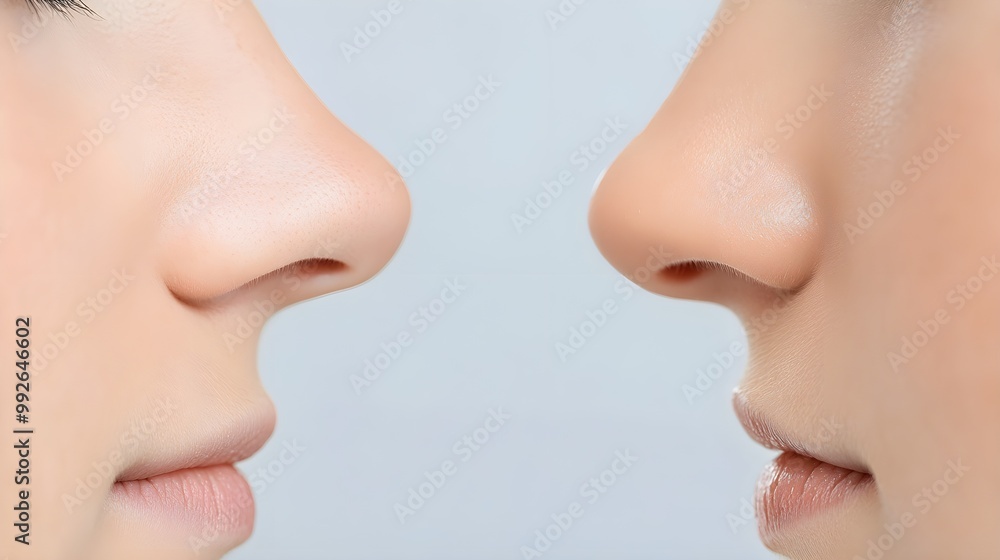 Obraz premium Close-up view of before-and-after nose job, focusing on symmetry and improved nose shape, Photorealistic, Bright Lighting, High Detail