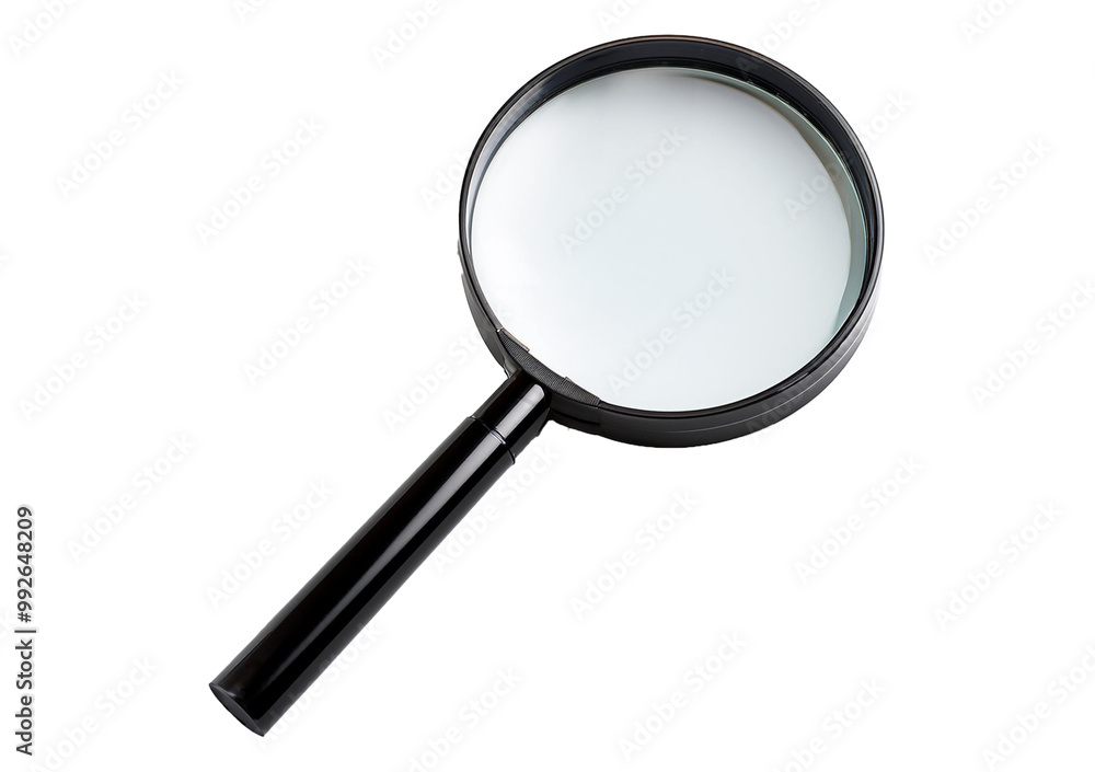 View from above no perspective of a modern magnifying glass on transparent or white background View from above no perspective of a modern magnifying glass on transparent or white background