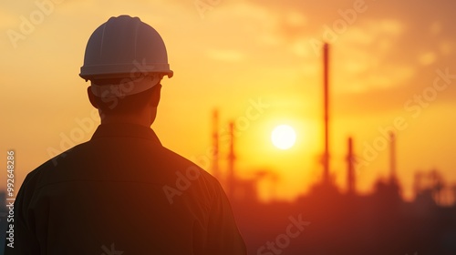 Silhouette of engineer adjusting turbine at sunset, horizon glowing, lowangle shot photo