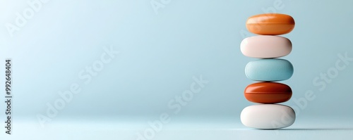 A serene arrangement of colorful stones stacked against a soft blue backdrop, symbolizing balance and tranquility. photo