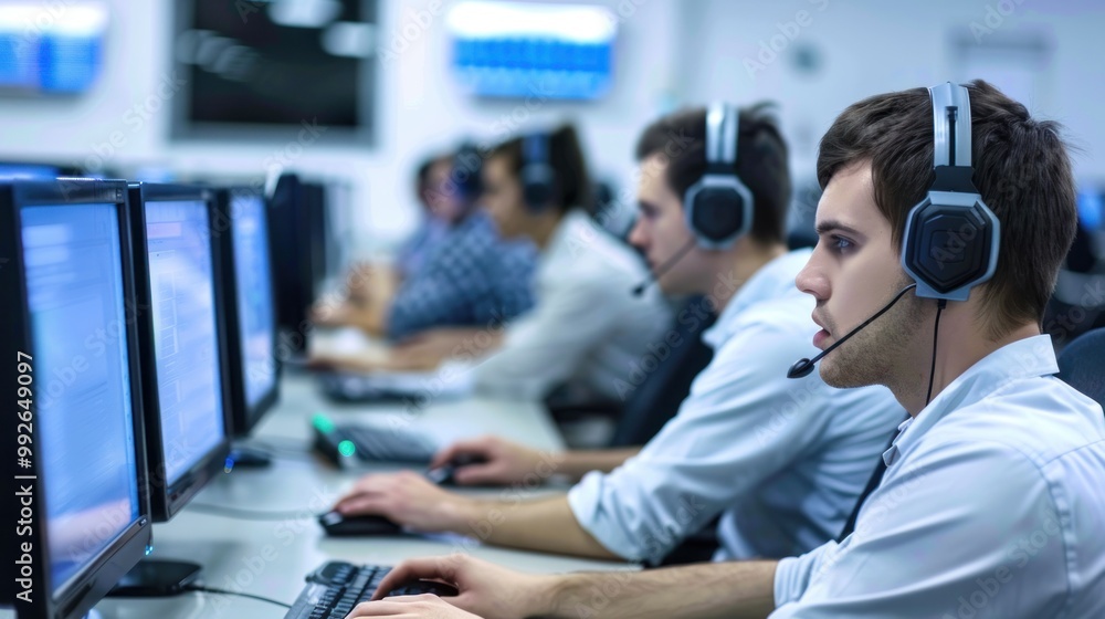 Technical support team working in a call center environment Technical support team working in a call center environment