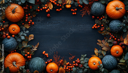 An autumn still life arrangement with pumpkins, foliage, and seasonal elements on a dark wooden table, evoking a warm and inviting atmosphere, suitable for seasonal and home decor usage.