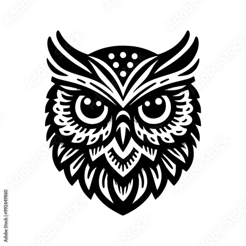 Vector logo of an owl head isolated on a white background. Can be used for logos, tattoos, emblems.