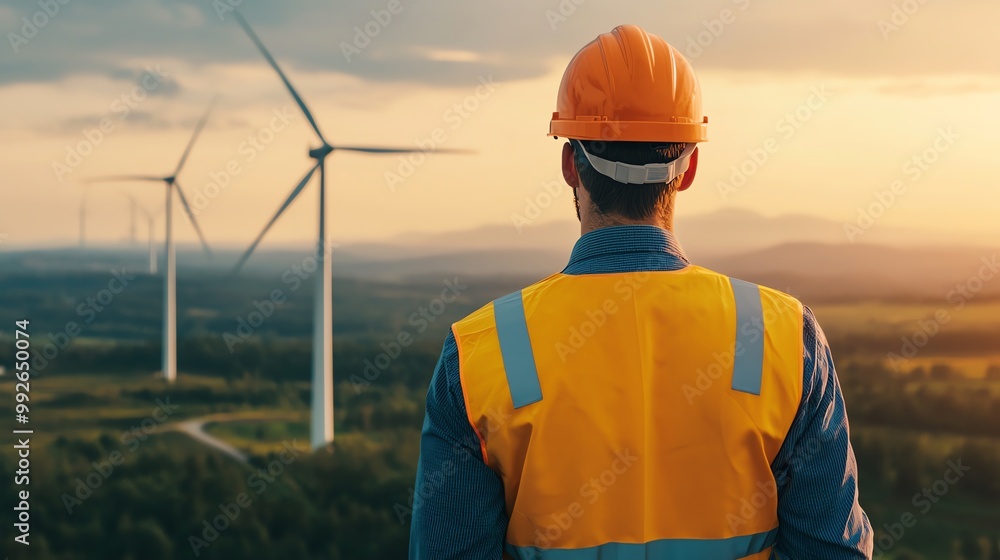 Wind turbine engineer at the top of the nacelle, horizon in the distance, birdseye view Wind turbine engineer at the top of the nacelle, horizon in the distance, birdseye view