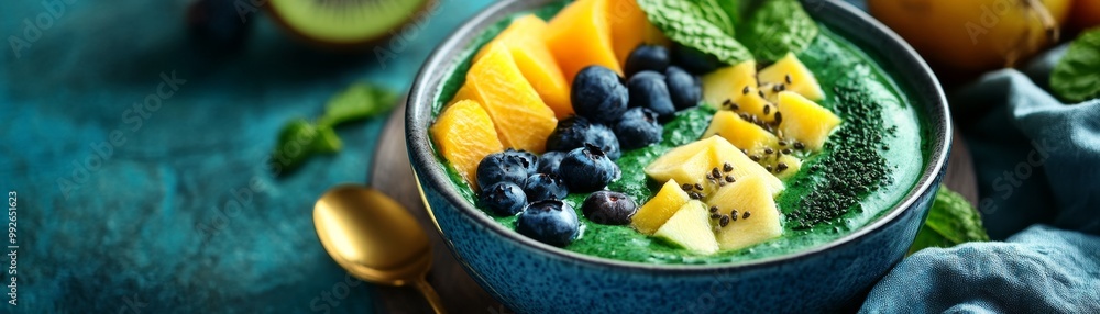 Energizing Spirulina Detox Smoothie Bowl with Tropical Fruits - Vibrant and Nutritious Breakfast Presentation Energizing Spirulina Detox Smoothie Bowl with Tropical Fruits - Vibrant and Nutritious Breakfast Presentation