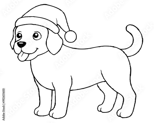 coloring page for kids, bold line art, Christmas dog with a Santa clue hat line art