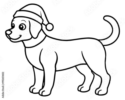 coloring page for kids, bold line art, Christmas dog with a Santa clue hat line art