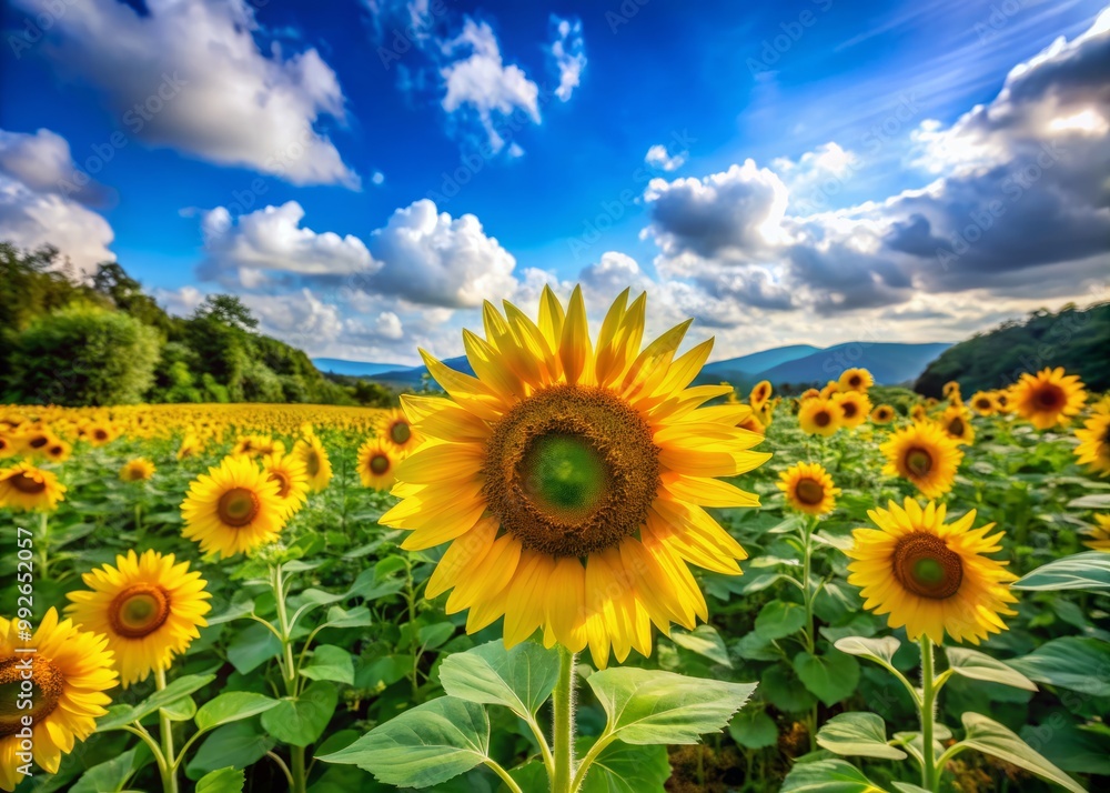 A field of radiant sunflowers flourishes beneath a brilliant blue sky, embraced by thriving greenery. The abundant A field of radiant sunflowers flourishes beneath a brilliant blue sky, embraced by thriving greenery. The abundant