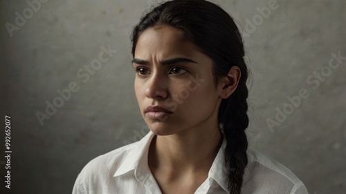 A young woman with dark hair and striking features gazes directly at the camera, wearing a white collared shirt against a neutral background, capturing a moment of quiet intensity photo